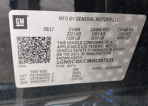 2017 Chevrolet Tahoe Lt from USA, damaged, VIN 1GNSCBKC8HR397121